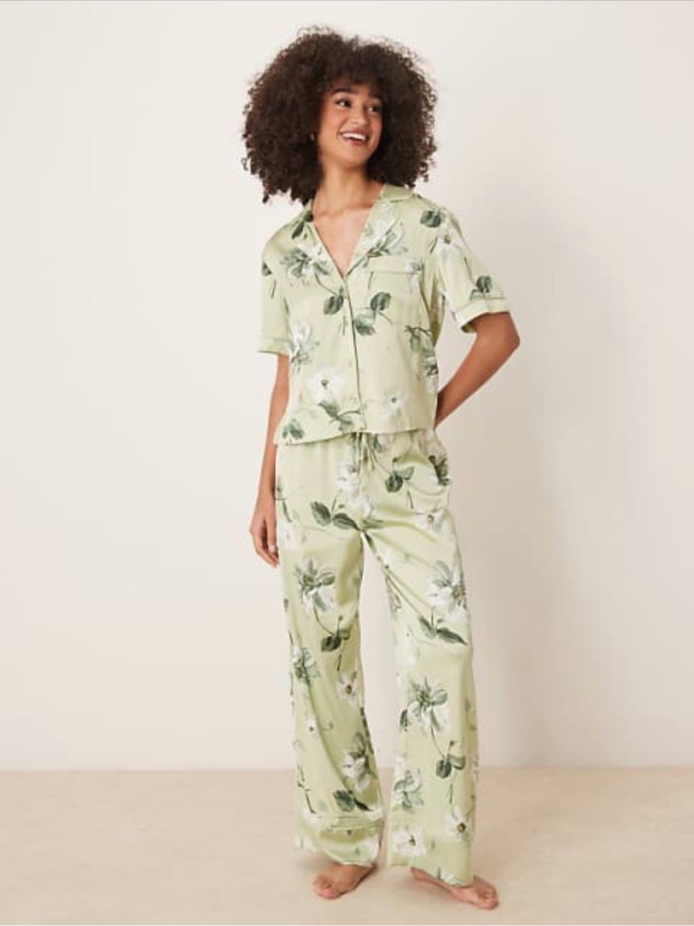 Abercrombie & Fitch Light Green Floral Wide-Leg Pajama Pants